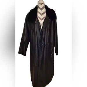 Preston & York Long Black Leather Coat with Faux Fur Collar